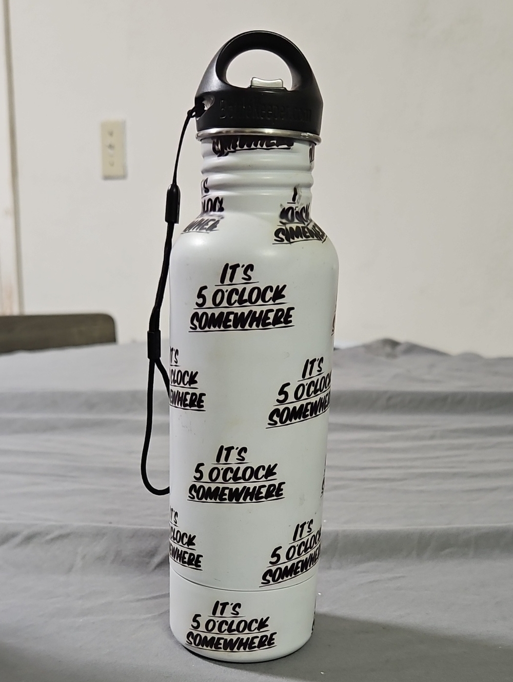 White "It's 5 O'Clock Somewhere" Insulated Bottle Keeper with Black Lid
